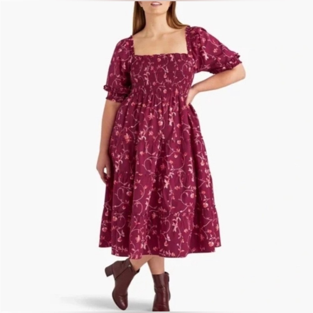 Hill House Home Nesli Midi Dress Botanical Maroon Floral